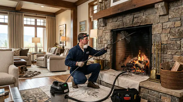 Chimney sweep professional at work