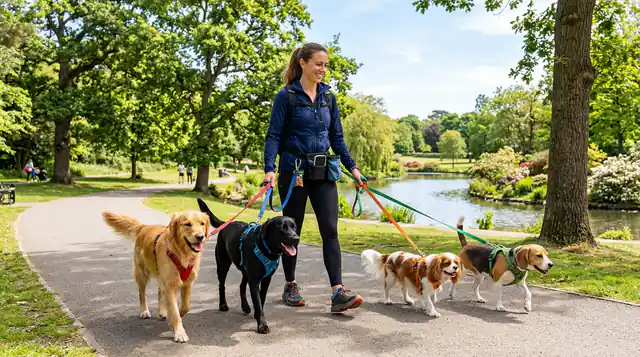 Dog walking professional at work
